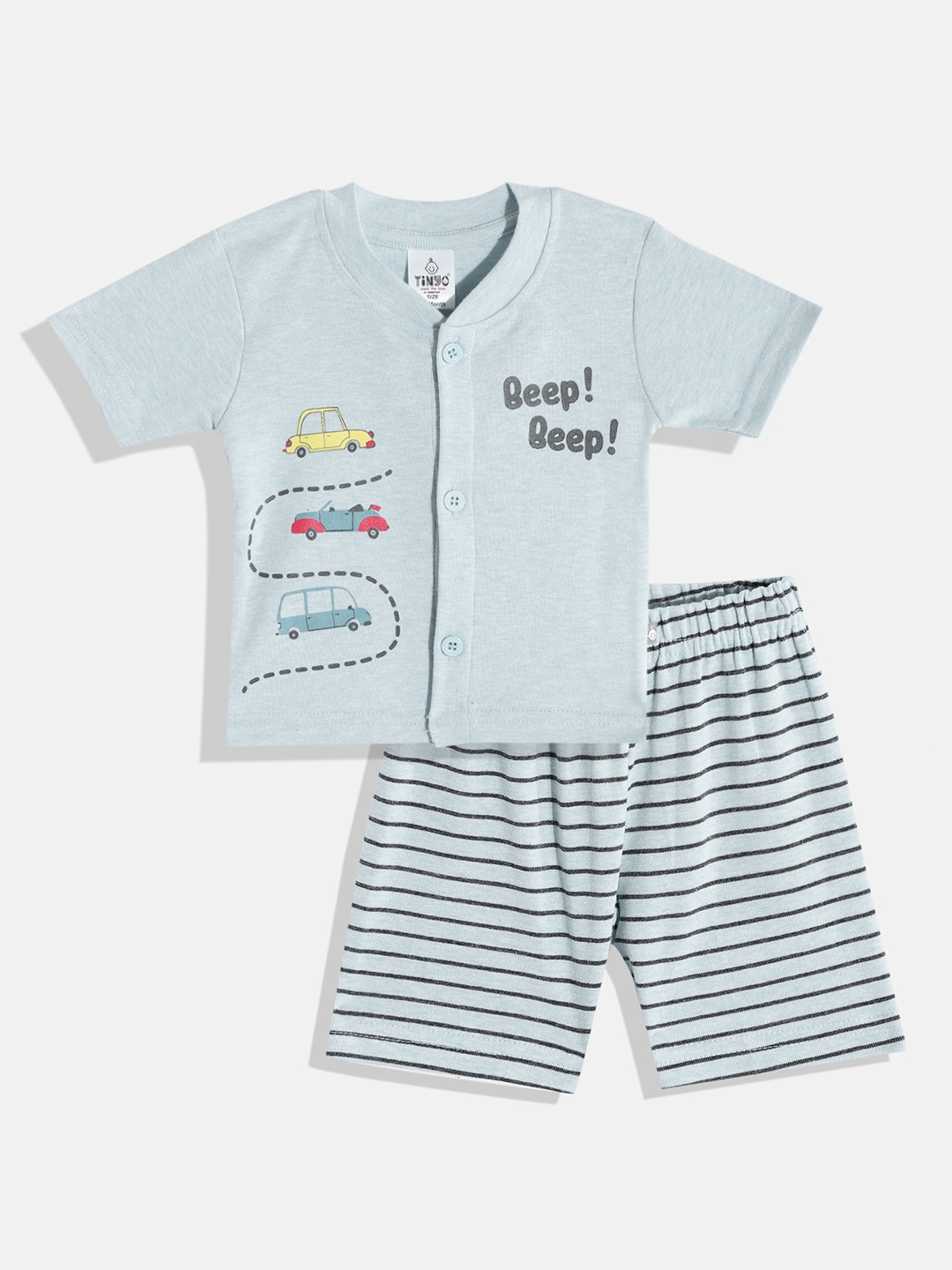 

TINYO Boys Blue & Grey Pure Cotton Typography Printed T-shirt with Shorts