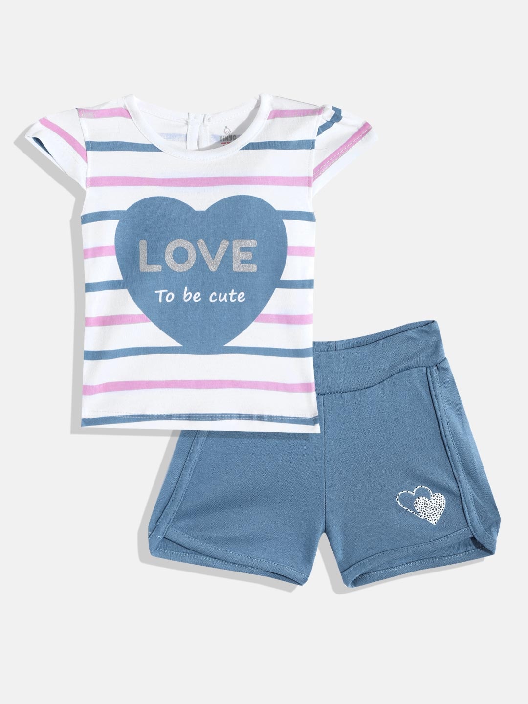 

TINYO Infant Girls White & Blue Cotton Striped & Heart Print Tshirt with Shorts