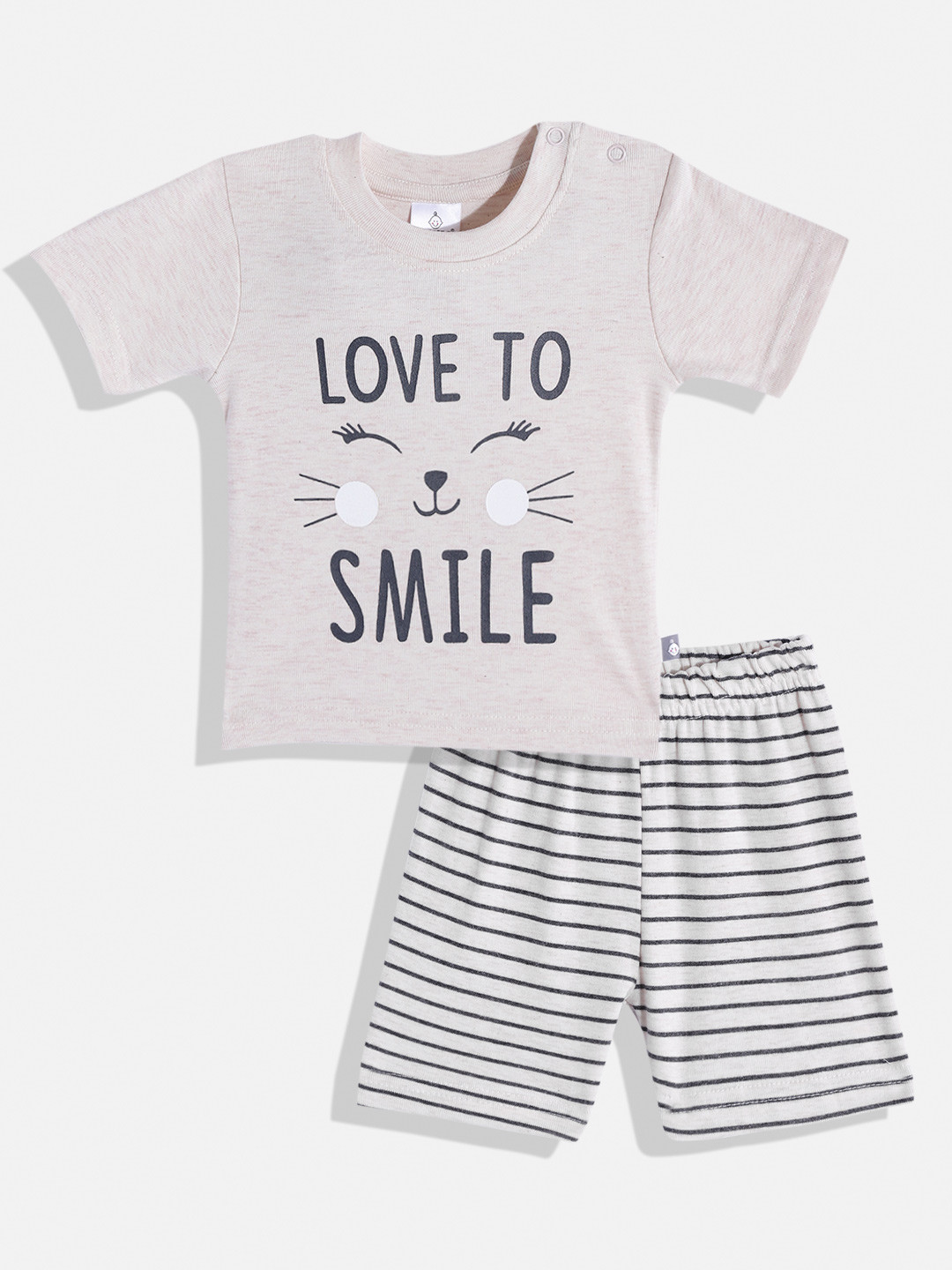 

TINYO Infant Girls Beige & Black Printed Pure Cotton T-shirt with Shorts