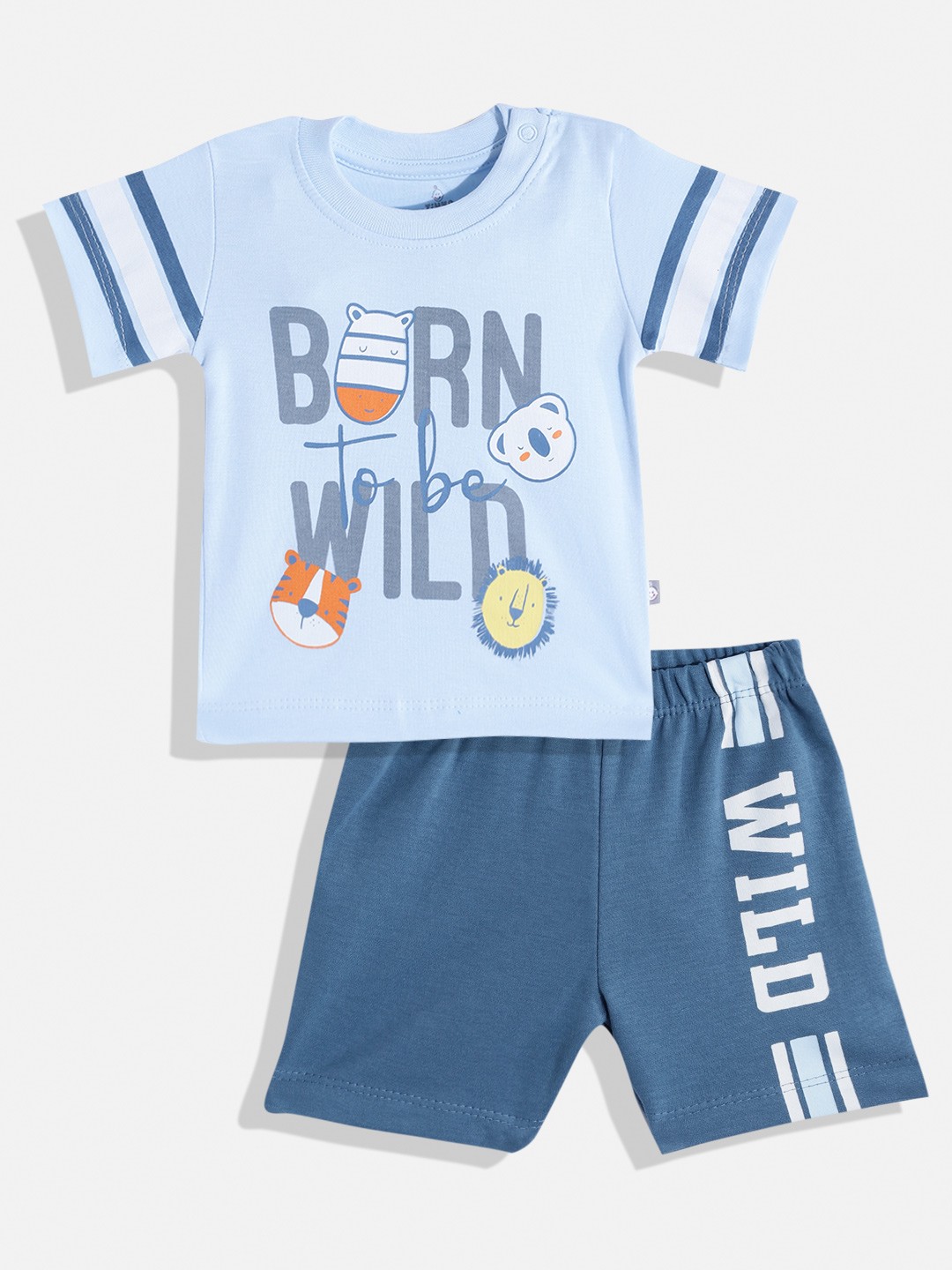 

TINYO Boys Blue & Grey Pure Cotton Typography Printed T-shirt with Shorts