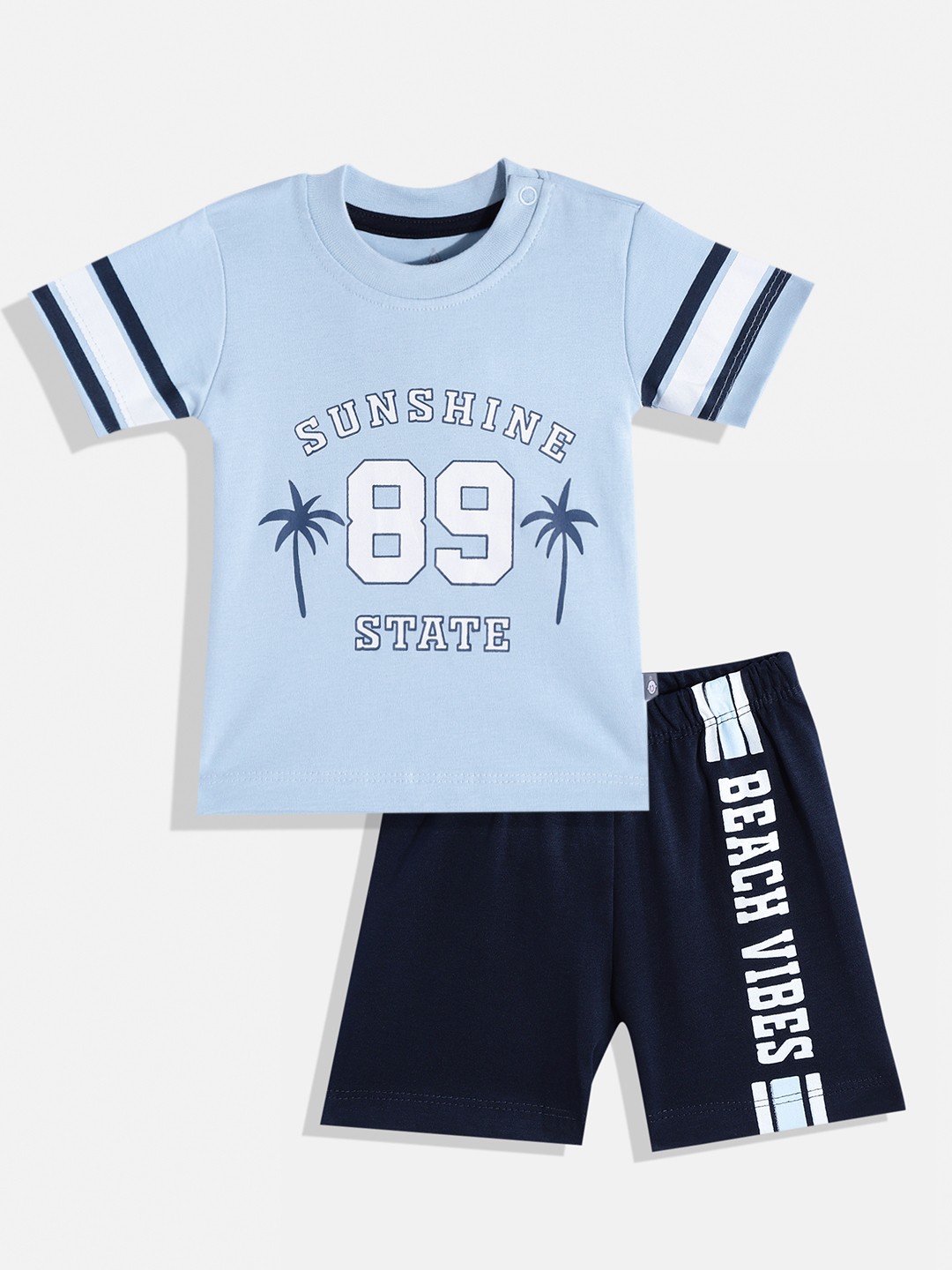 

TINYO Boys Blue & White Pure Cotton Typography Print T-shirt with Shorts