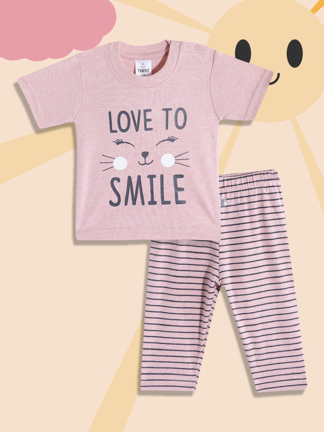 

TINYO Infant Girls Pink & Black Printed Pure Cotton T-shirt with Trousers