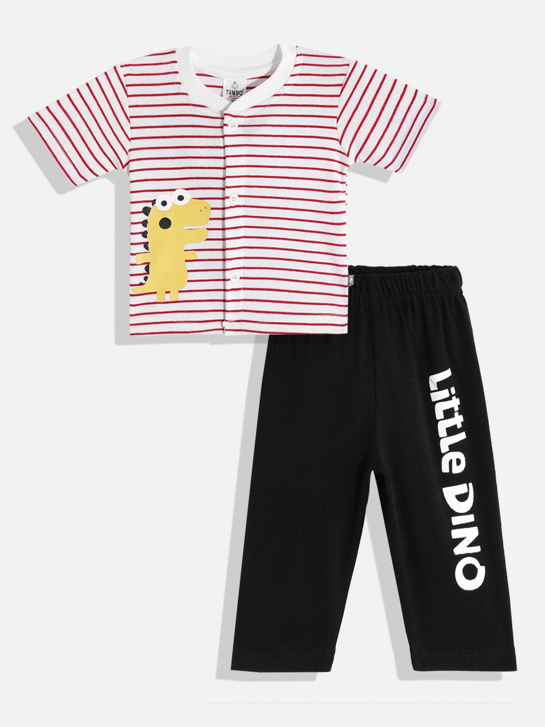 

TINYO Infant Boys White & Black Striped Pure Cotton T-shirt with Trousers