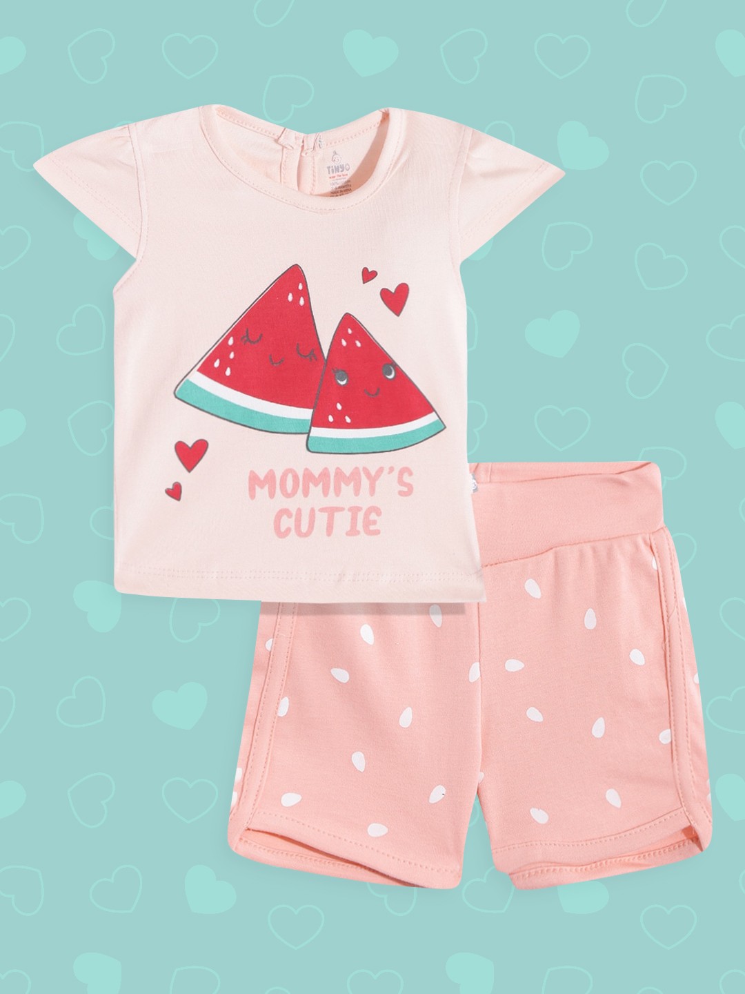 

TINYO Infant Girls Peach-Coloured & Red Cotton Watermelon Top & Polka-Dot Print Shorts