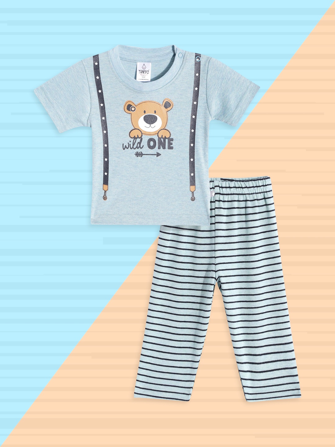 

TINYO Boys Green & Mustard Pure Cotton Typography Printed T-shirt with Pyjamas