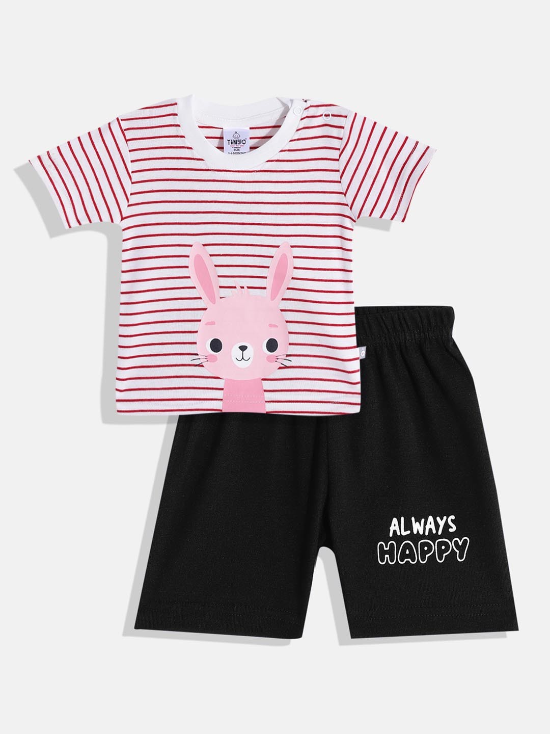 

TINYO Infant Girls White & Black Striped Pure Cotton T-shirt with Shorts
