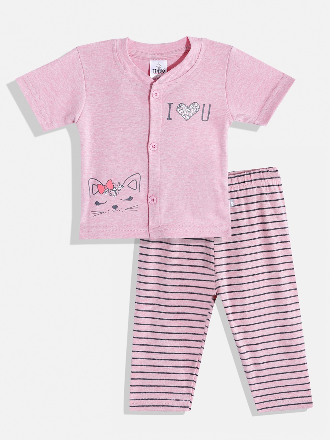

TINYO Infant Girls Pink & Black Printed Pure Cotton T-shirt with Trousers