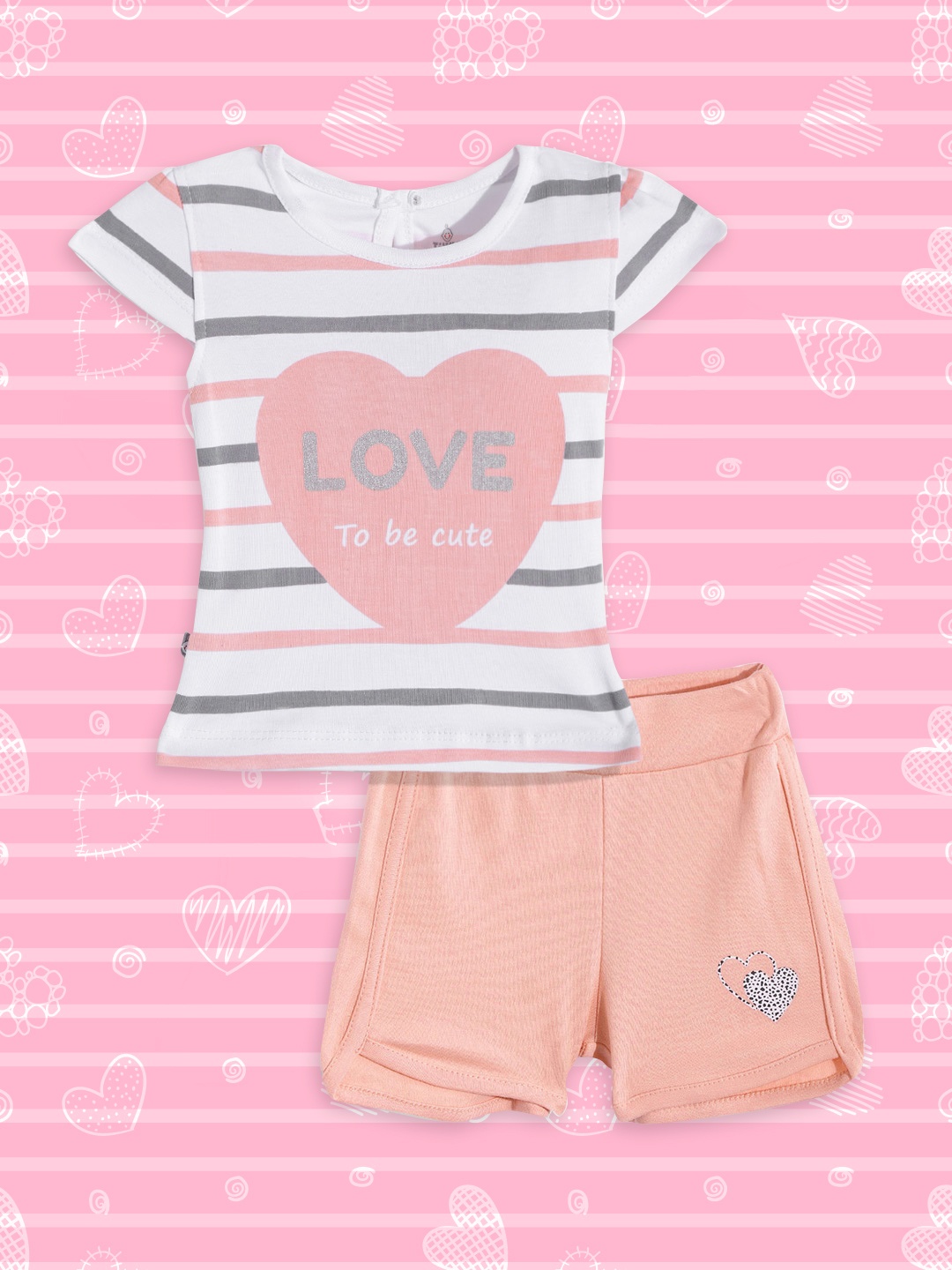 

TINYO Infant Girls White & Peach-Coloured Cotton Striped & Heart Print Tshirt with Shorts