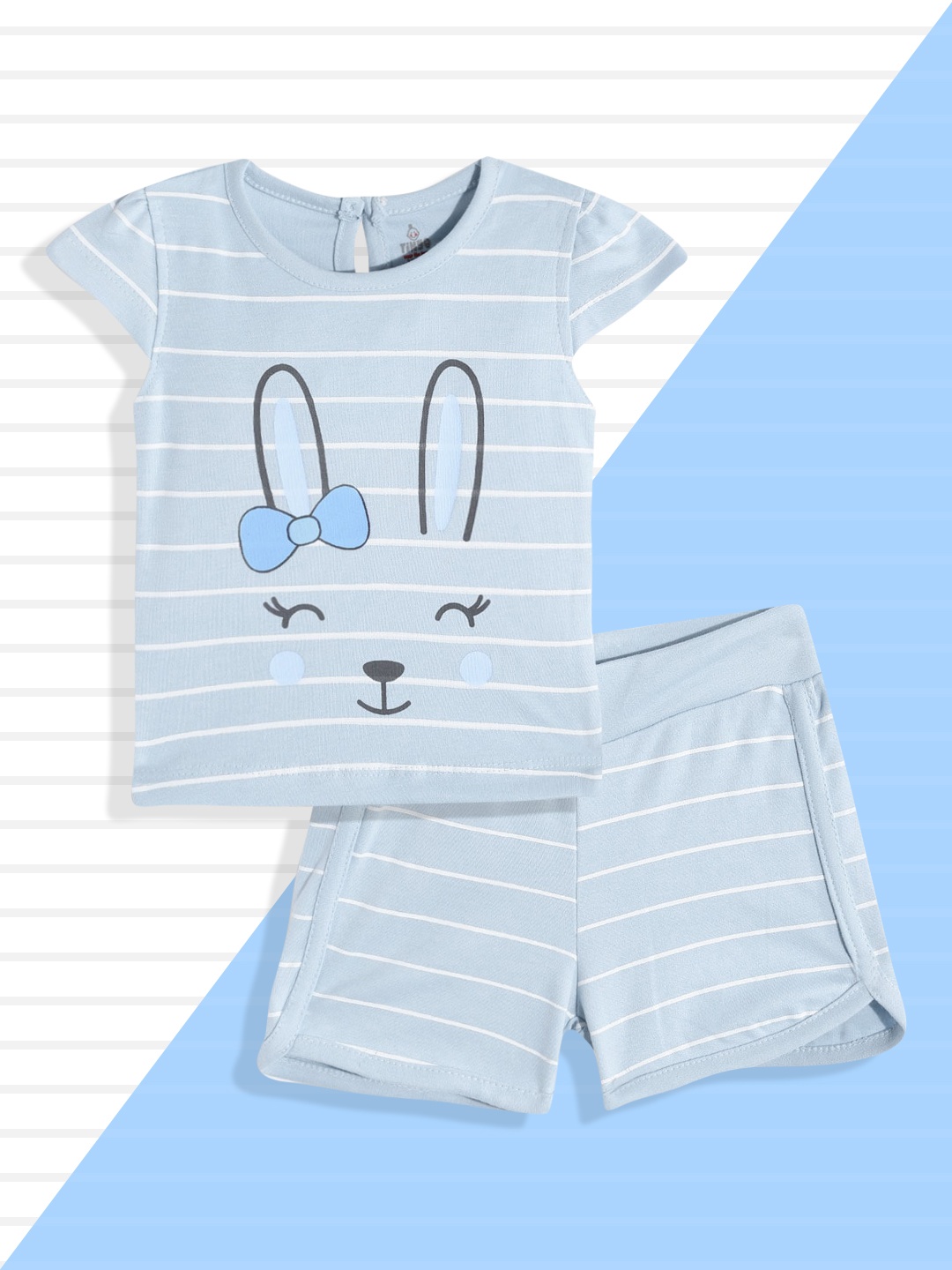 

TINYO Infant Girls Blue & White Striped & Graphic Print Cotton Clothing Set