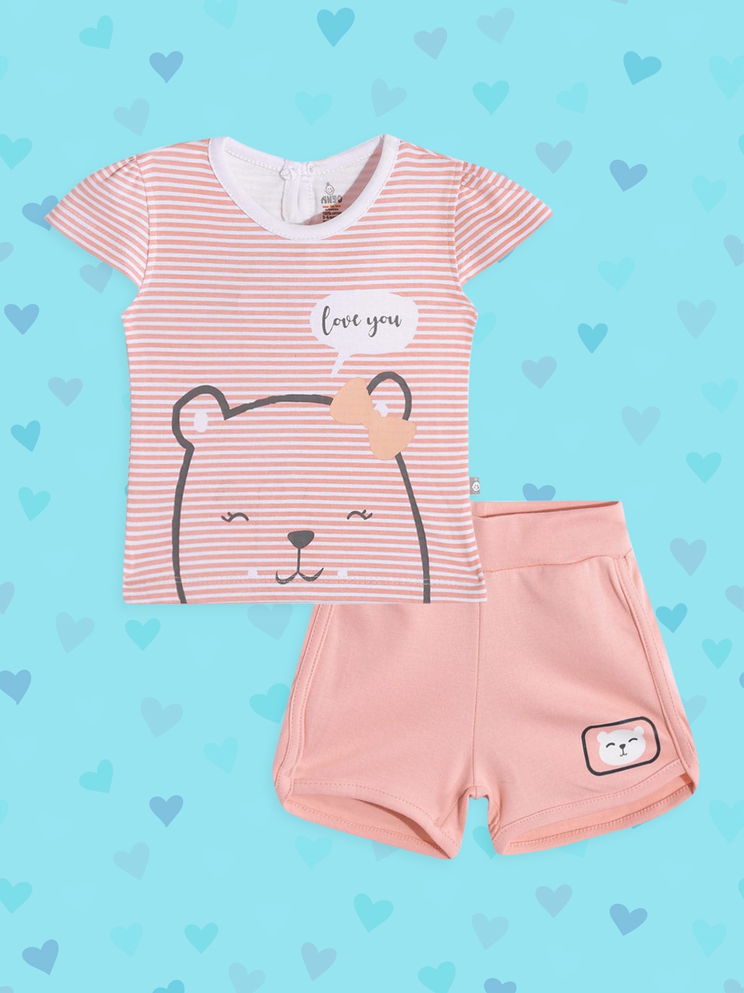 

TINYO Infant Girls Orange & White Striped & Graphic Print Cotton Clothing Set