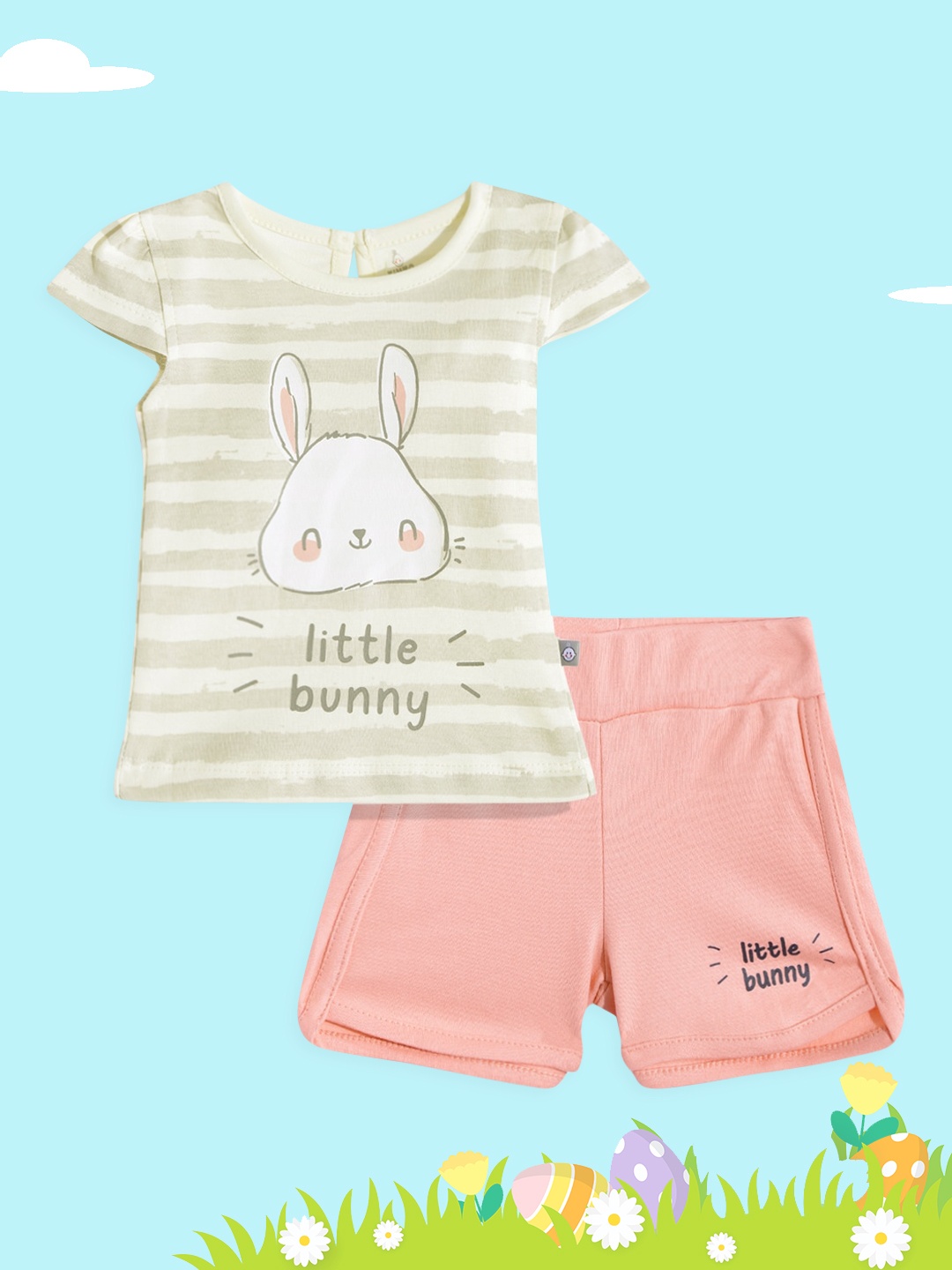 

TINYO Infant Girls Cream-Coloured & Peach-Coloured Cotton Striped & Bunny Top with Shorts