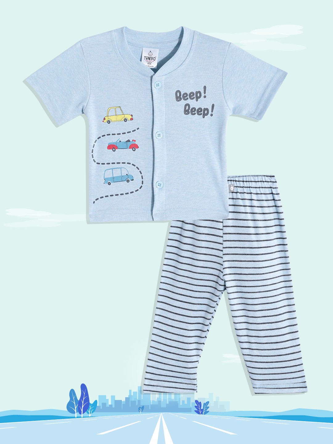 

TINYO Infant Boys Blue & Black Printed Pure Cotton T-shirt with Trousers