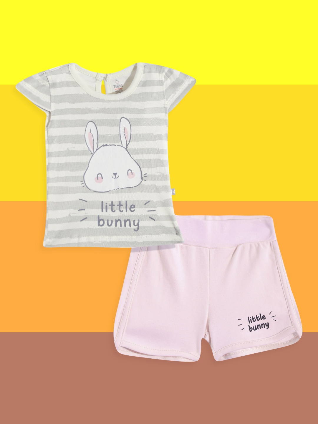 

TINYO Infant Girls Cream-Coloured & Peach-Coloured Cotton Striped & Bunny Top with Shorts