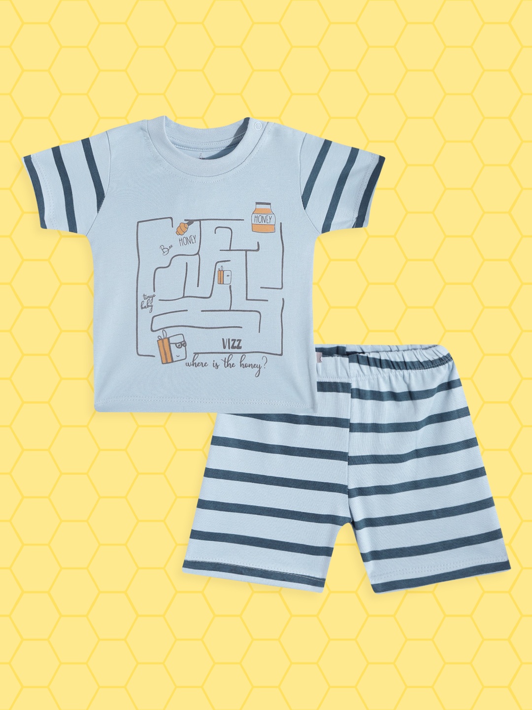 

TINYO Boys Blue & Mustard Yellow Pure Cotton Graphic Print T-shirt with Shorts