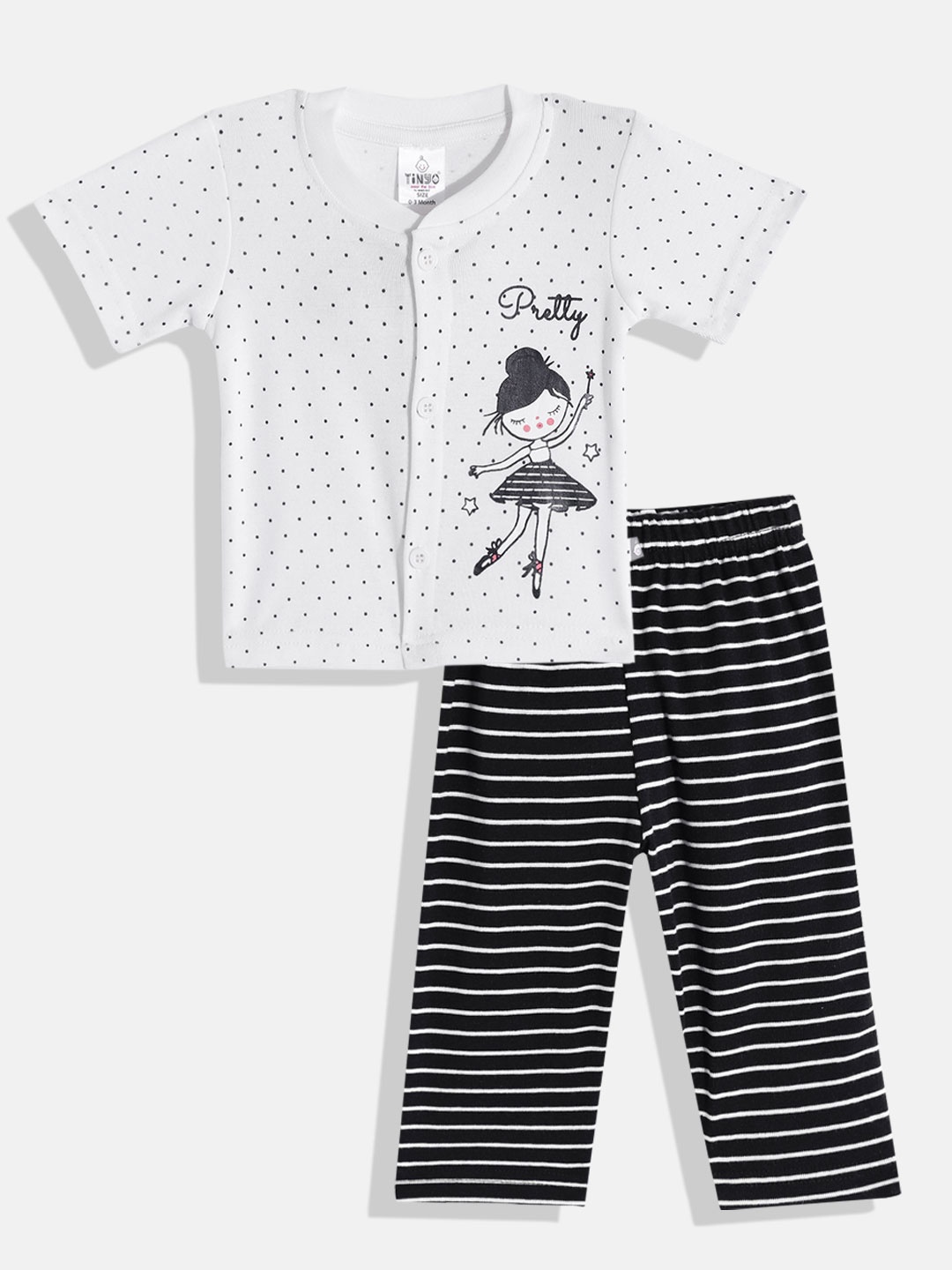 

TINYO Infant Girls White & Black Printed Pure Cotton T-shirt with Trousers