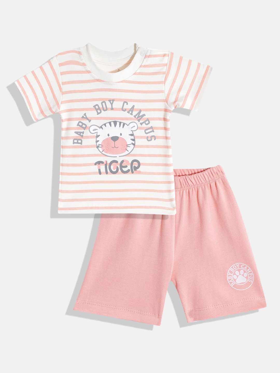 

TINYO Infant Boys Cream-Coloured & Peach-Coloured Striped Cotton Clothing Set