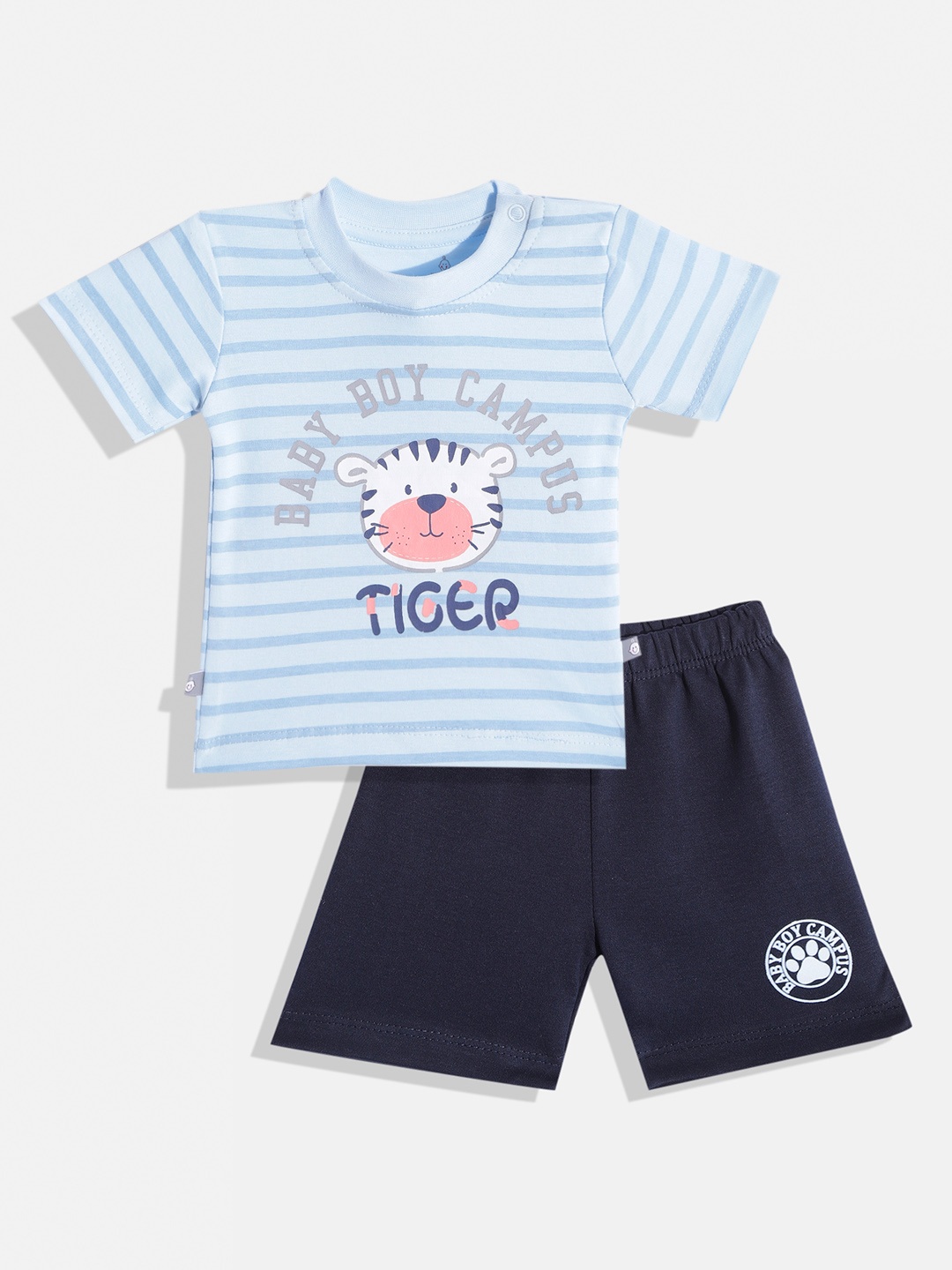 

TINYO Infant Boys Blue & Pink Striped & Graphic Print Cotton Clothing Set