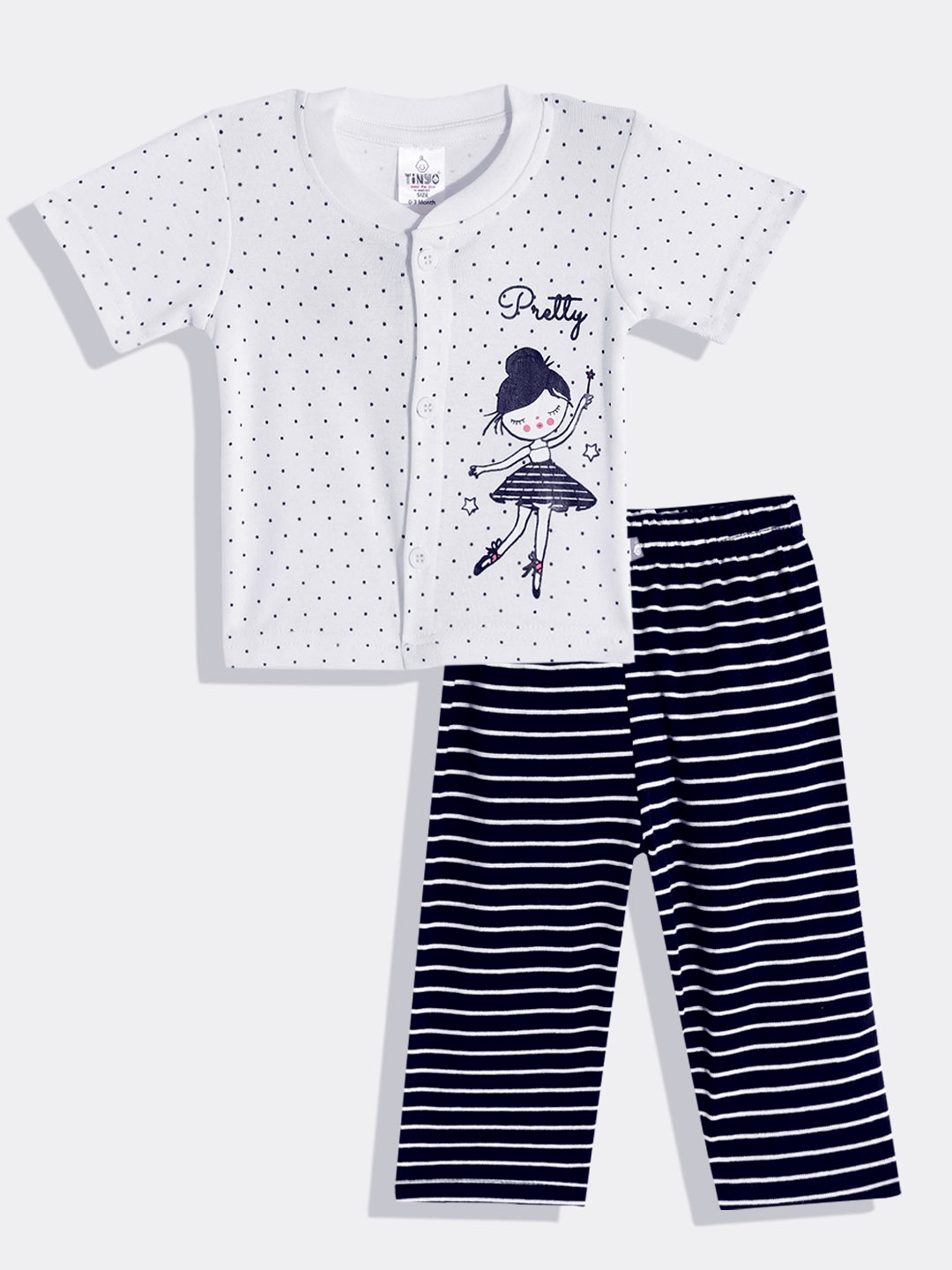 

TINYO Infant Girls White & Navy Blue Printed Pure Cotton T-shirt with Trousers