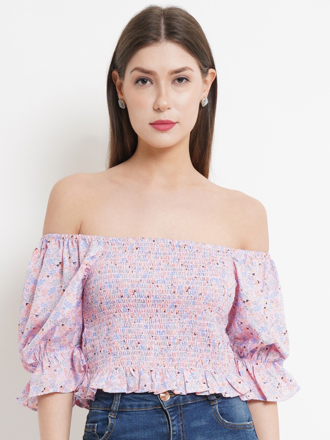 

Purple State Pink Floral Print Off-Shoulder Smocked Bardot Crop Top