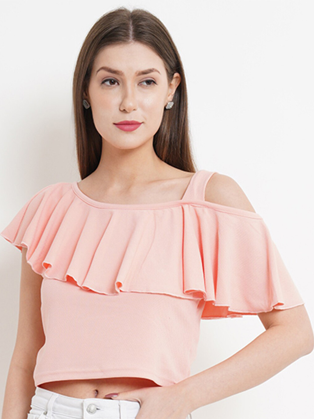

Purple State Peach-Coloured One Shoulder Ruffles Crop Top