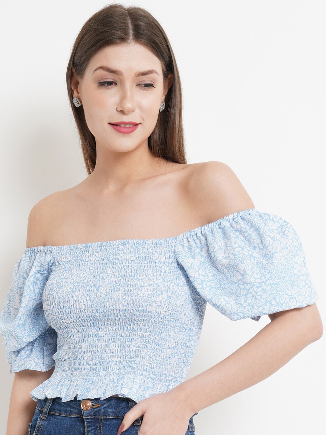 

Purple State Blue Print Off-Shoulder Smocked Bardot Crop Top