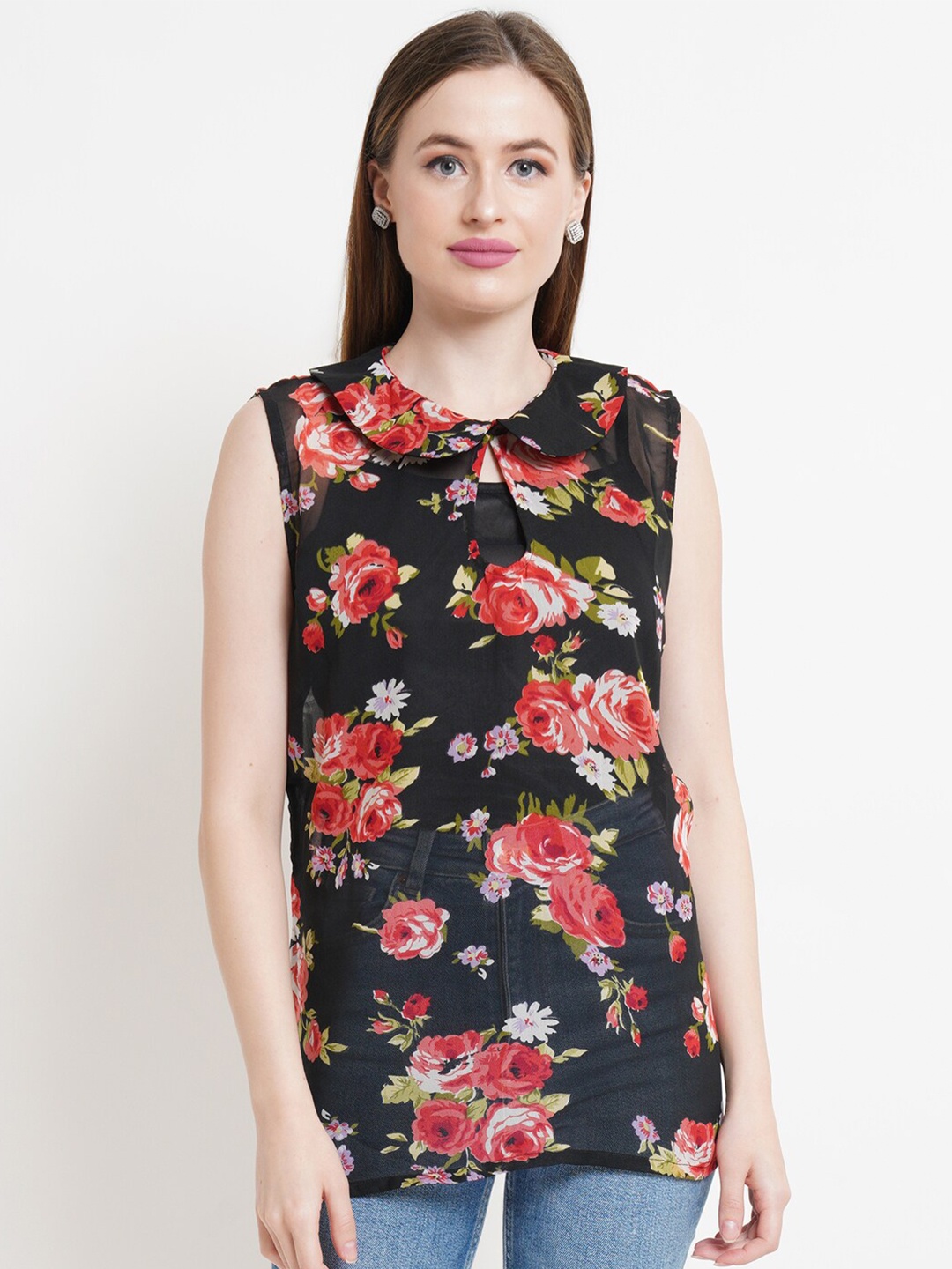 

Purple State Black & Red Floral Print Peter Pan Collar Top