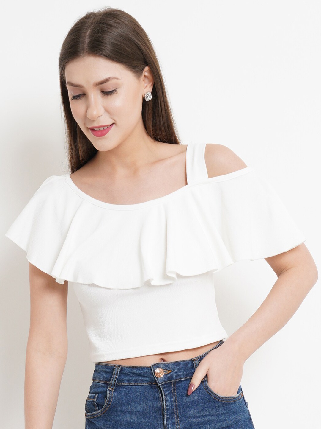 

Purple State White One Shoulder Ruffles Bardot Crop Top