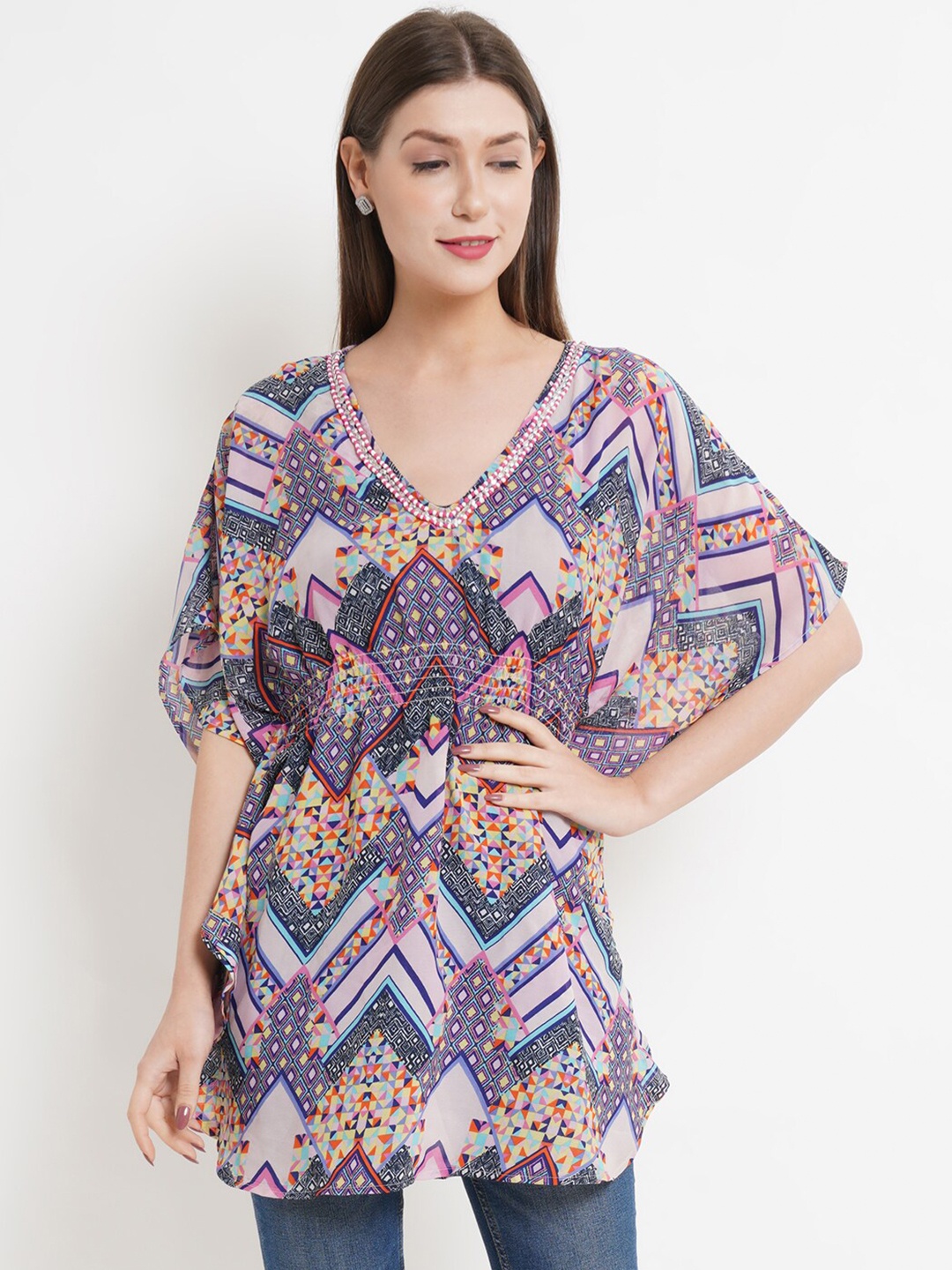 

Purple State Women Multicoloured Geometric Printed Kaftan Longline Top, Multi