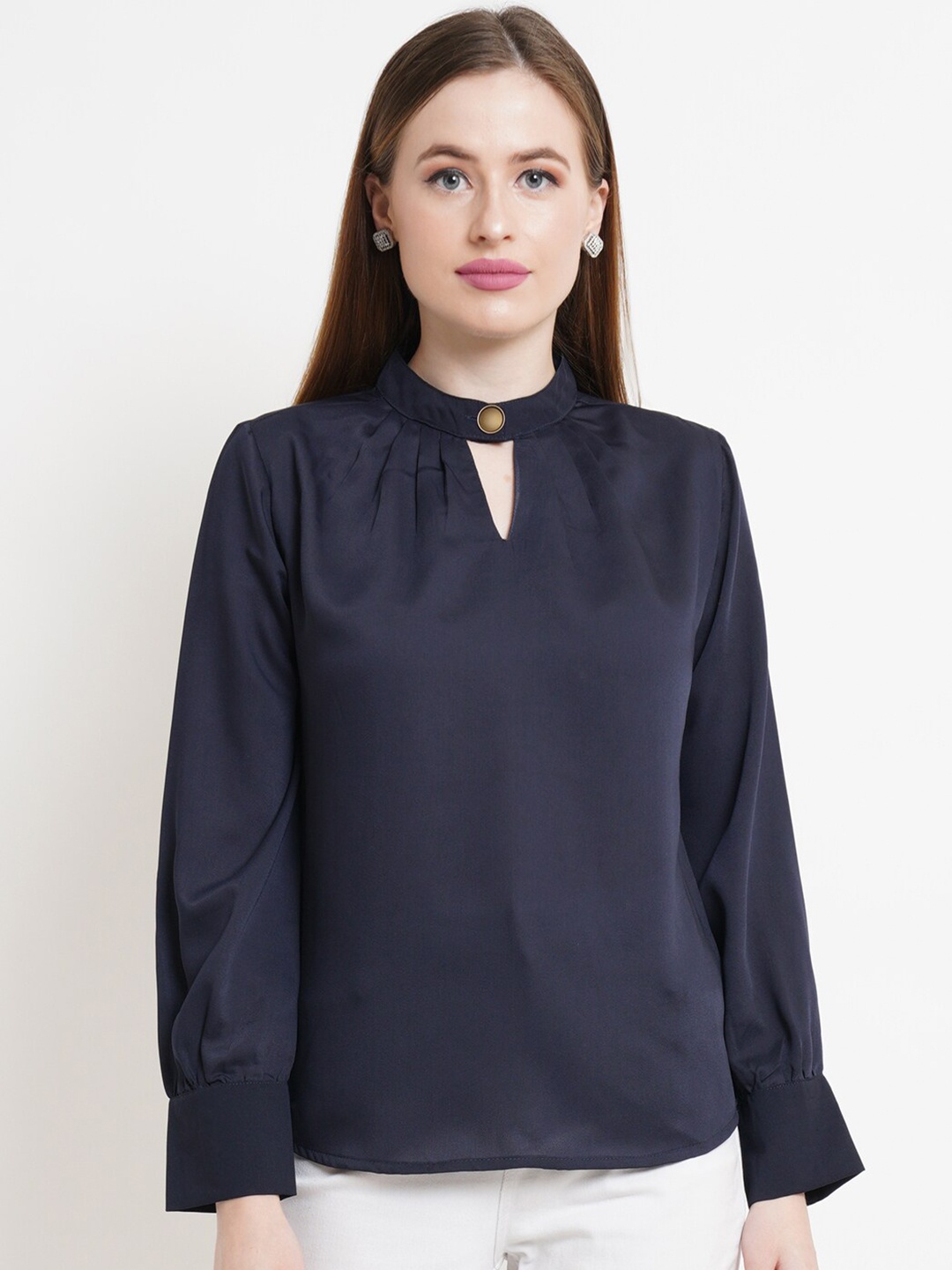 

Purple State Navy Blue Keyhole Neck Cuffed Sleeves Top