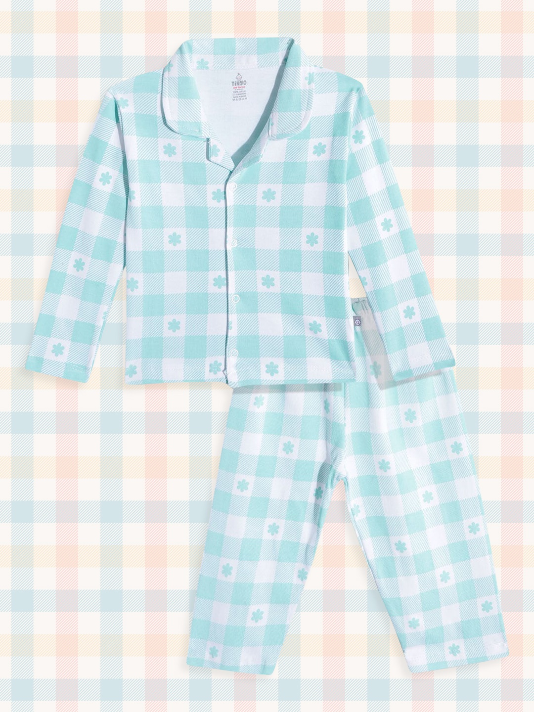 

TINYO Infant Kids Turquoise Blue & White Checked Pure Cotton Pyjama Set
