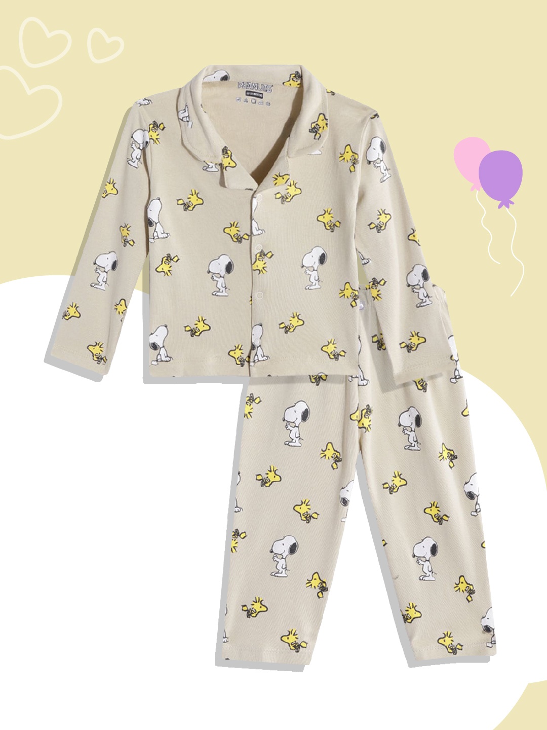 

TINYO Boys Beige & Black Snoopy Print Pure Cotton Night suit