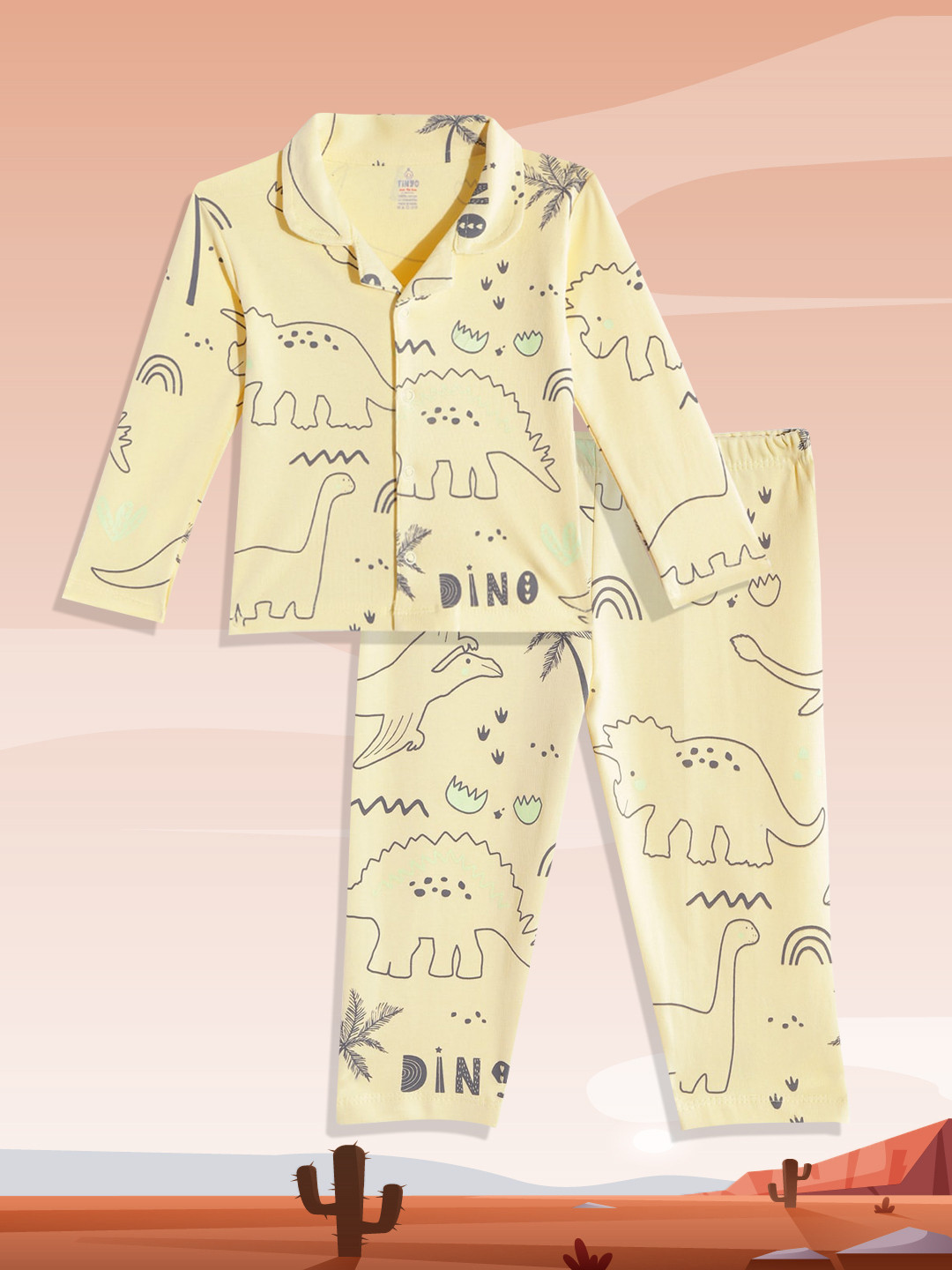

TINYO Boys Yellow & Black Conversational Print Pure Cotton Night suit