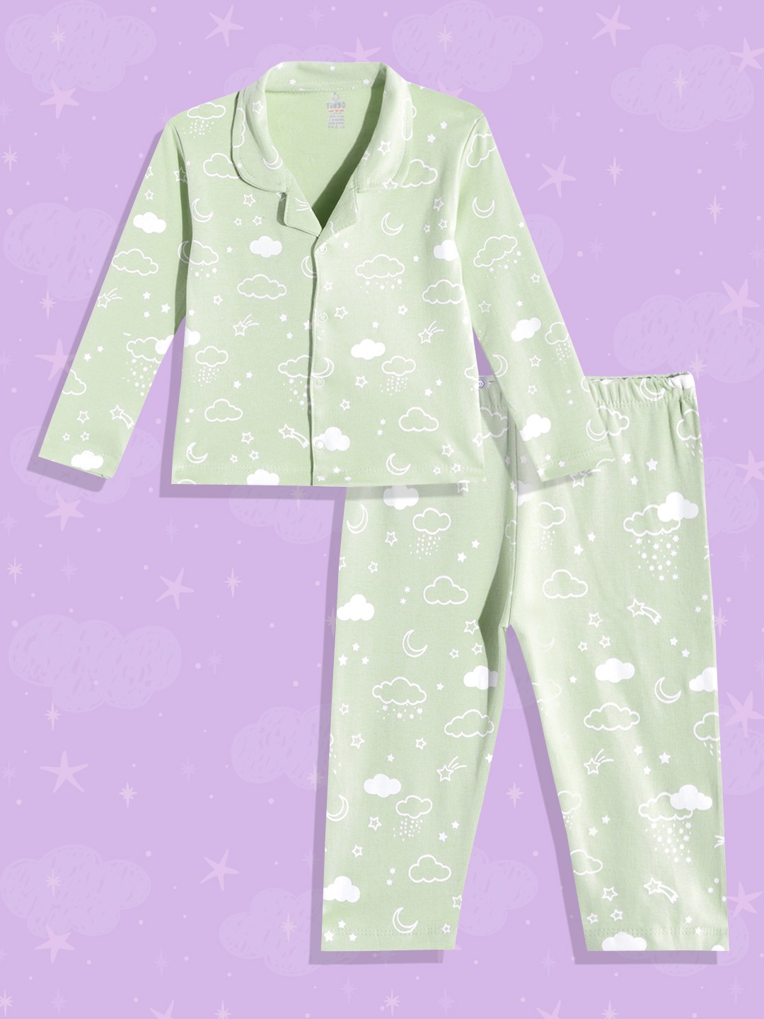 

TINYO Kids Green & White Pure Cotton Conversational Printed Night suit