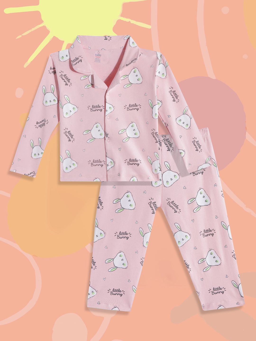 

TINYO Boys Pink & White Conversational Print Pure Cotton Night suit