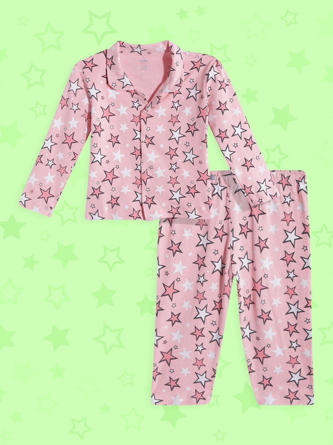 

TINYO Girls Pink & Black Pure Cotton Conversational Print Pyjama Set