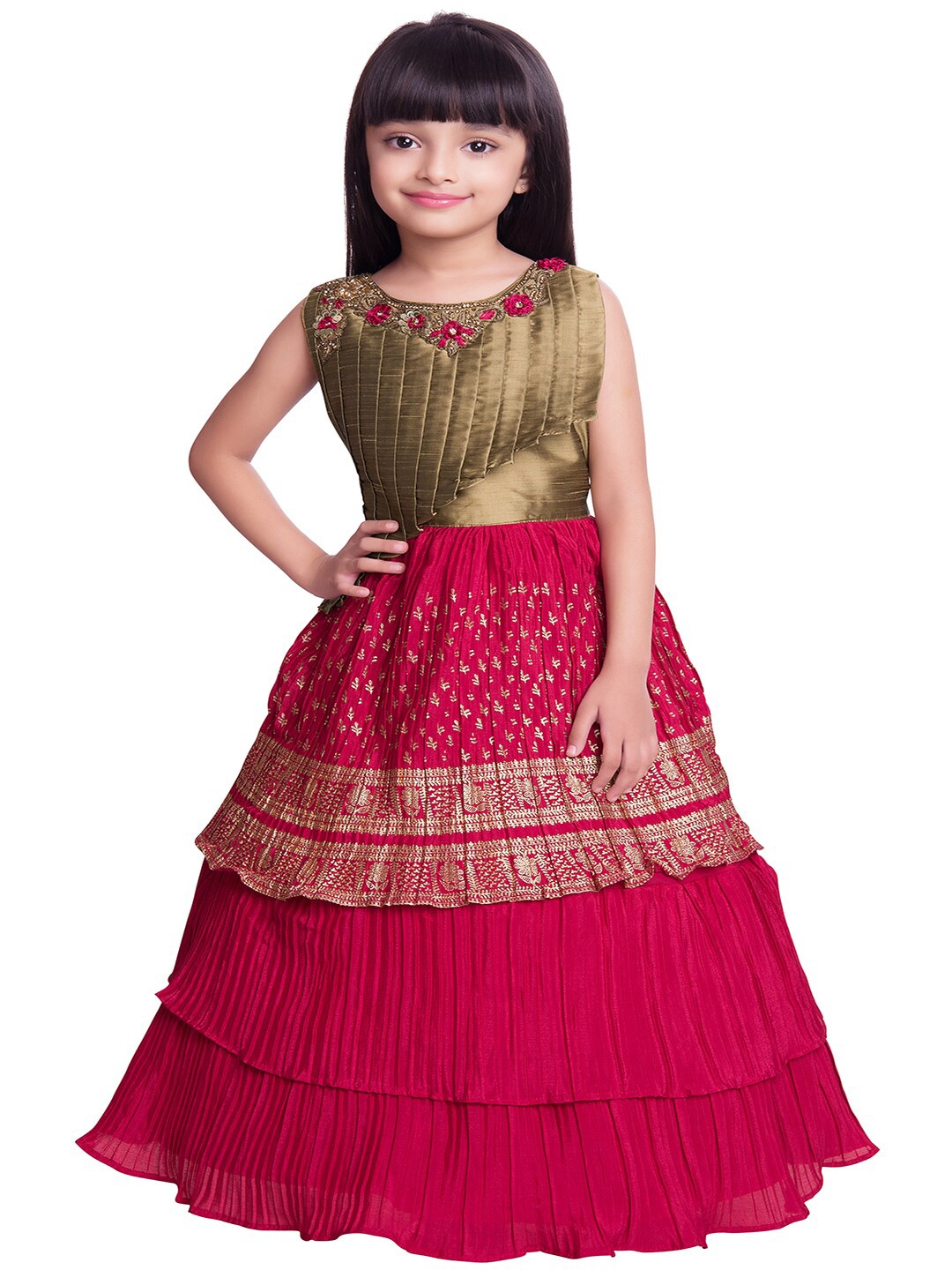 

BETTY Girls Gold & Magenta Ethnic Motifs Printed Ethnic Maxi Gown Dress
