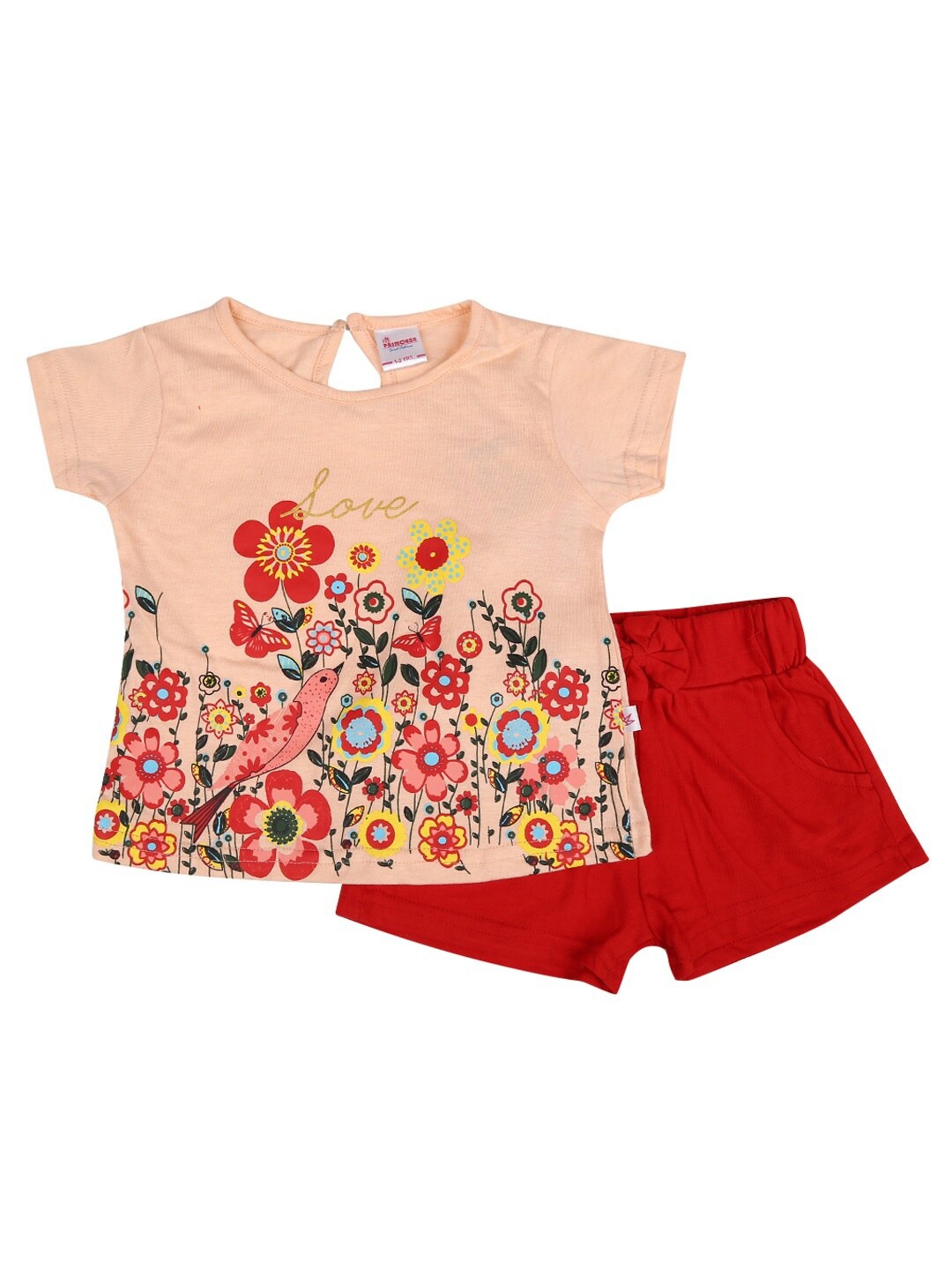 

V-Mart Unisex Kids Peach-Coloured & Red Printed Top with Shorts