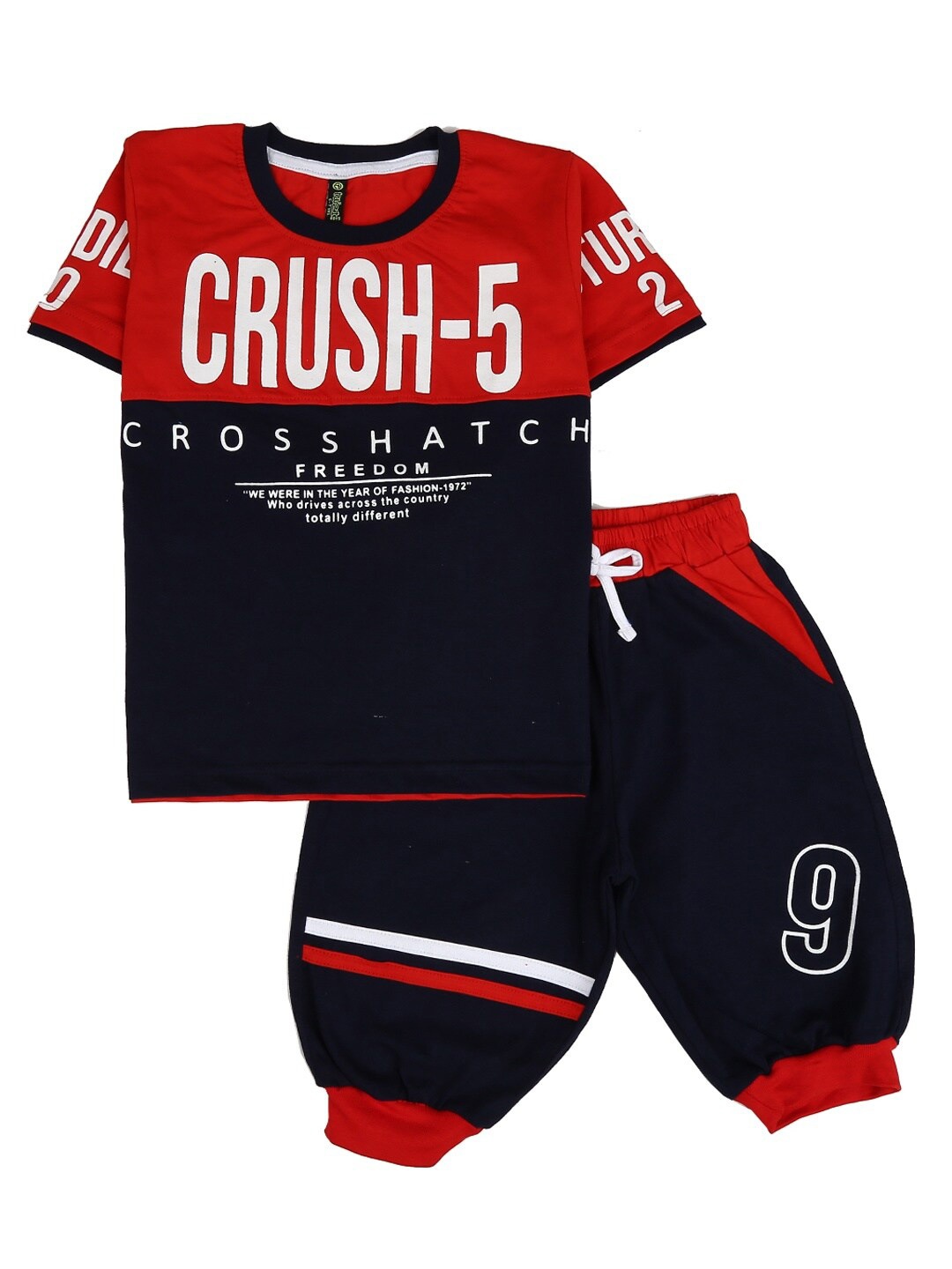 

V-Mart Unisex Kids Red & Navy Blue Printed Pure Cotton T-shirt with Shorts
