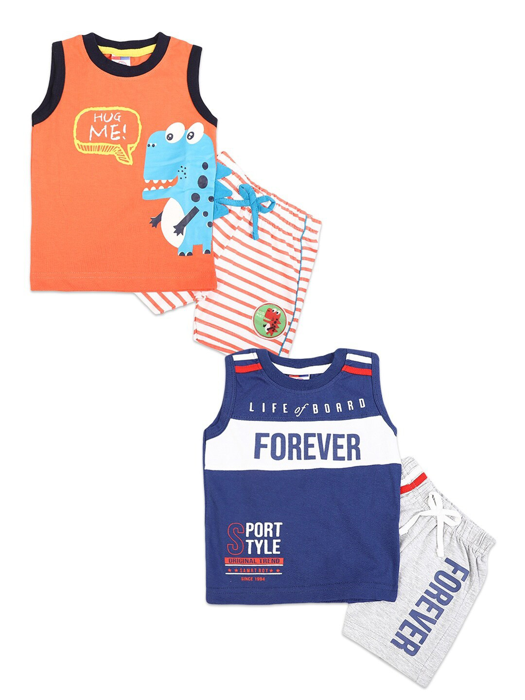 

V-Mart Pack of 2 Kids Blue & Grey Printed Pure Cotton T-shirt with Shorts