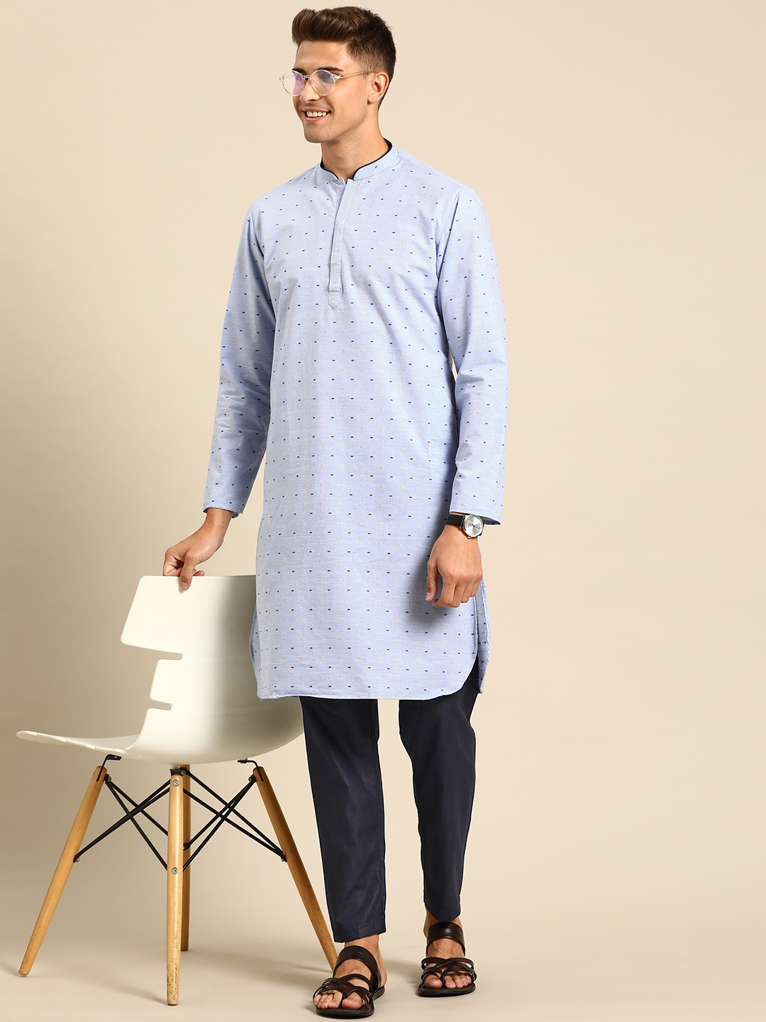 

Anouk Men Blue Woven Design Pure Cotton Kurta with Pyjamas
