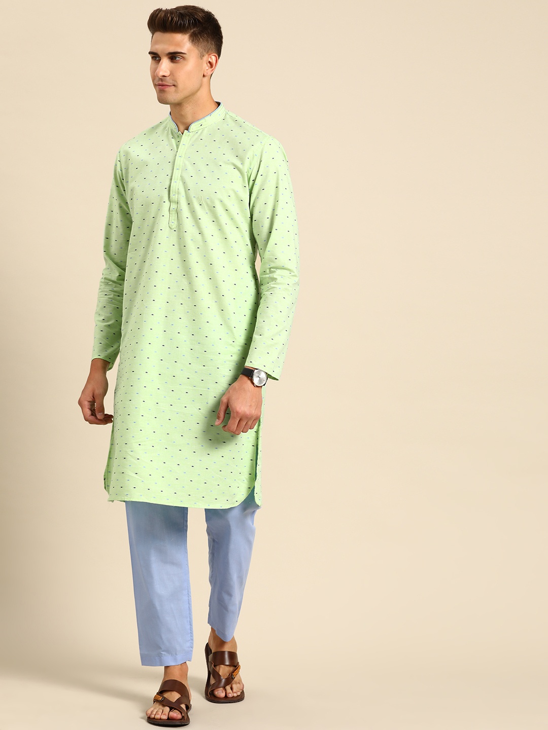 

Anouk Men Green Woven Design Pure Cotton Kurta with Pyjamas
