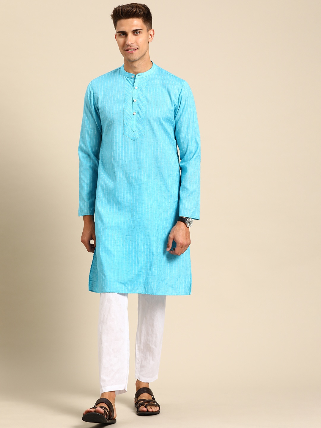 Anouk Men Blue Woven Design Pure Cotton Kurta with Pyjamas