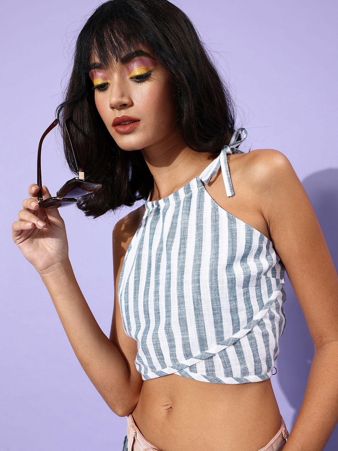 

THREAD MUSTER Women Bright Blue Vertical Striped Scarf Top