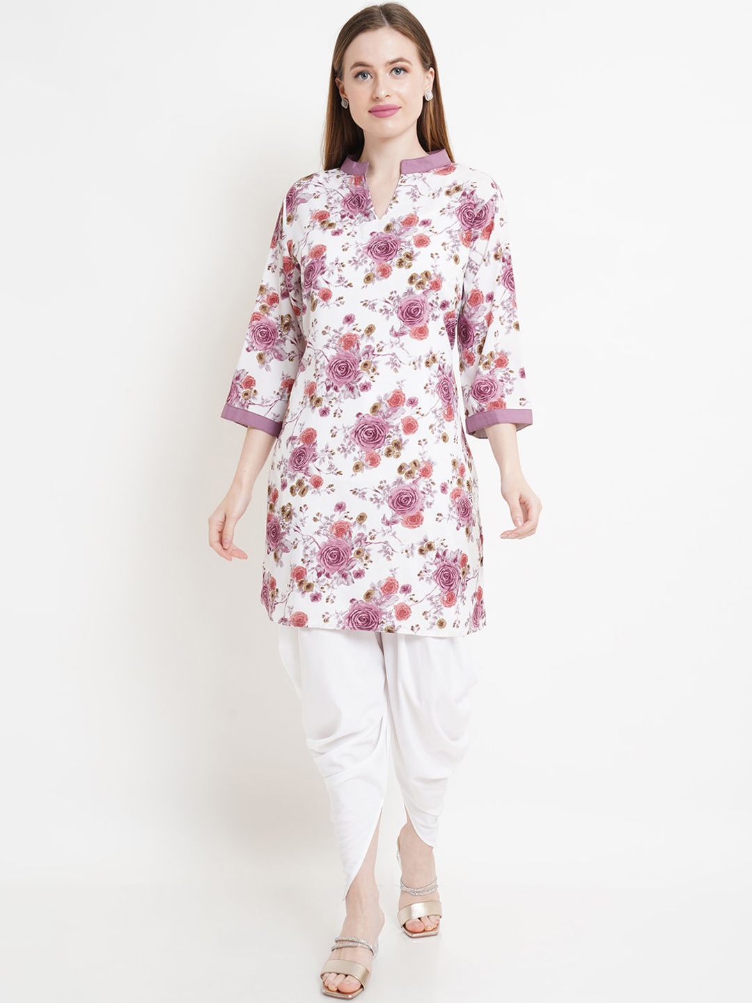 

Purple State Women White Floral Printed Kurti with Trousers