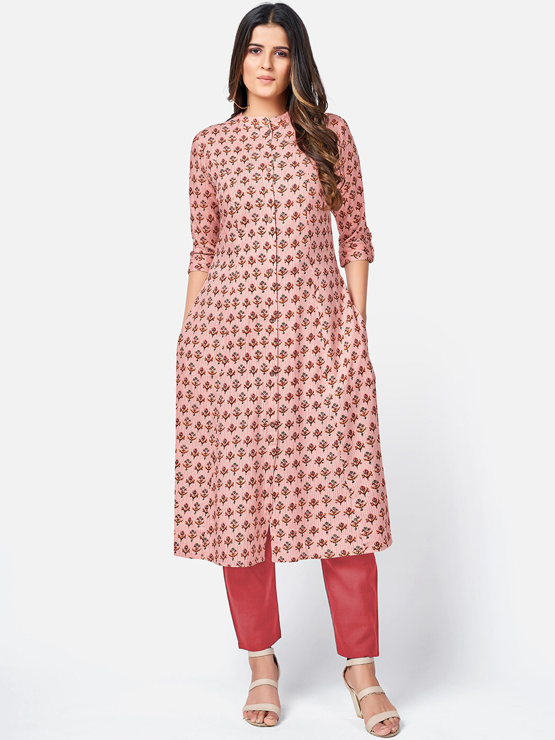 

KALINI Women Peach-Coloured Floral Printed Thread Worked Kurta