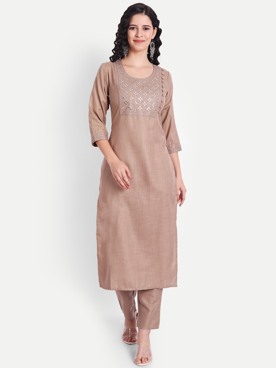 

V TRADITION Women Beige Yoke Design Mirror Work Kurta with Trousers