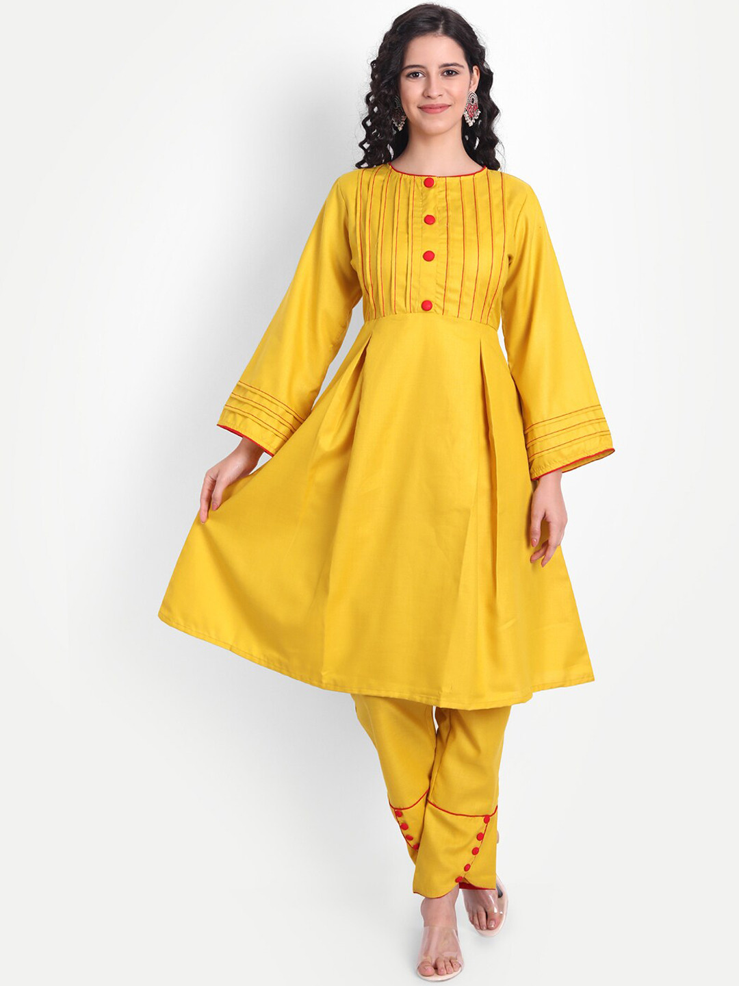 

V TRADITION Women Yellow Kantha Work Kurta with Trousers