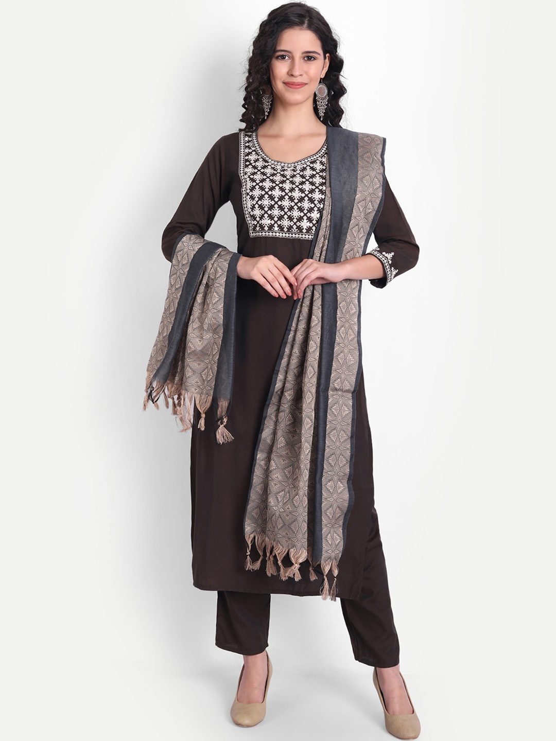 

V TRADITION Women Brown Yoke Design Mirror Work Kurta with Trousers & With Dupatta