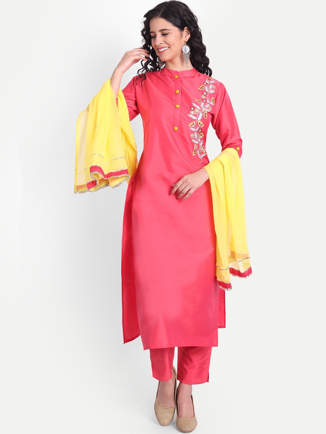 

V TRADITION Women Pink Thread Work Kurta with Trousers & With Dupatta