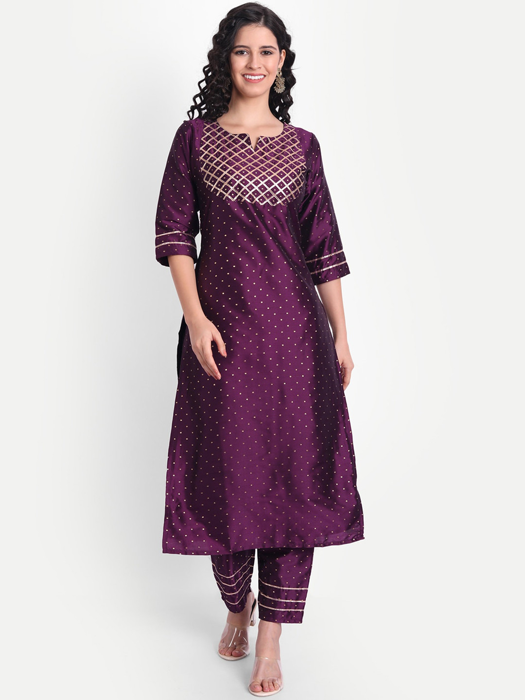 

V TRADITION Women Purple Ethnic Motifs Embroidered Gotta Patti Kurta with Trousers